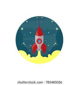 Flat icon with rocket, space, sky and stars,  takeoff rocket, vector cartoon illustration isolated on white background