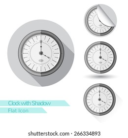flat icon round clock with oval  long shadow and folded corner