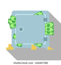 Flat icon of safe with money, banknotes and coins. Vector.