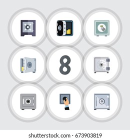 Flat Icon Safe Set Of Protection, Safe, Security And Other Vector Objects. Also Includes Strongbox, Unlock, Closed Elements.