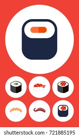 Flat Icon Salmon Set Of Maki, Salmon Rolls, Japanese Food And Other Vector Objects. Also Includes Salmon, Eating, Sushi Elements.