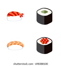 Flat Icon Salmon Set Of Salmon Rolls, Seafood, Japanese Food And Other Vector Objects. Also Includes Seafood, Food, Maki Elements.