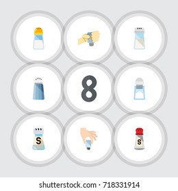 Flat Icon Salt Set Of Flavor, Spice, Shaker And Other Vector Objects. Also Includes Spicy, Saltshaker, Hand Elements.