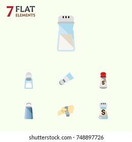 Flat Icon Salt Set Of Shaker, Flavor, Sodium And Other Vector Objects. Also Includes Spicy, Salt, Condiment Elements.