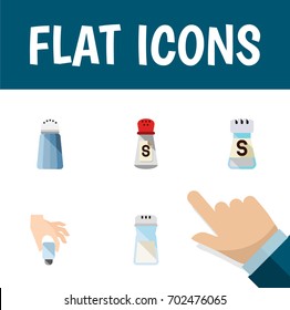 Flat Icon Salt Set Of Spice, Shaker, Salt And Other Vector Objects. Also Includes Saltshaker, Condiment, Hand Elements.