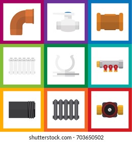 Flat Icon Sanitary Set Of Flange, Pipe, Pipework And Other Vector Objects. Also Includes Radiator, Thermostat, Pump Elements.
