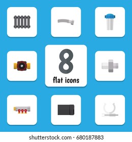 Flat Icon Sanitary Set Of Heater, Tube, Corrugated Pipe And Other Vector Objects. Also Includes Filtration, Faucet, Radiator Elements.