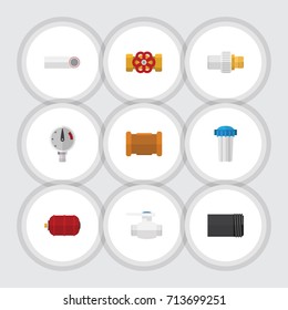 Flat Icon Sanitary Set Of Pipe, Flange, Pressure And Other Vector Objects. Also Includes Tube, Drain, Pump Elements.