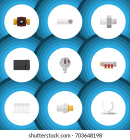 Flat Icon Sanitary Set Of Pipework, Connector, Tap And Other Vector Objects. Also Includes Manometer, Water, Pressure Elements.