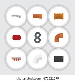 Flat Icon Sanitary Set Of Plastic, Iron, Corrugated Pipe And Other Vector Objects. Also Includes Pipework, Tank, Container Elements.