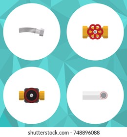 Flat Icon Sanitary Set Of Pump Valve, Drain, Corrugated Pipe And Other Vector Objects. Also Includes Corrugated, Pipe, Faucet Elements.