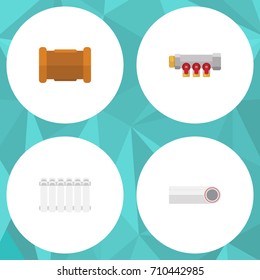 Flat Icon Sanitary Set Of Radiator, Pipe, Pipework And Other Vector Objects. Also Includes Thermostat, Heater, Controller Elements.