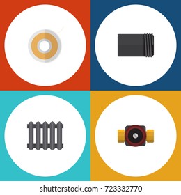 Flat Icon Sanitary Set Of Roll, Tap, Heater And Other Vector Objects. Also Includes Valve, Water, Tube Elements.