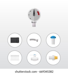 Flat Icon Sanitary Set Of Water Filter, Tube, Pressure And Other Vector Objects. Also Includes Filtration, Flange, Connector Elements.