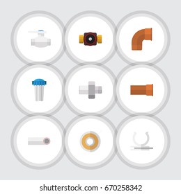 Flat Icon Sanitary Set Of Water Filter, Cast, Connector And Other Vector Objects. Also Includes Roll, Connector, Pipe Elements.