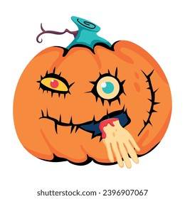A flat icon of scary pumpkin eating hand 