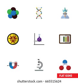 Flat Icon Science Set Of Attractive Force, Glass, Flame And Other Vector Objects. Also Includes Tube, Glass, Genome Elements.