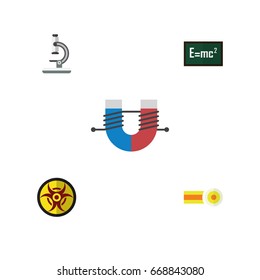 Flat Icon Science Set Of Attractive Force, Glass, Theory Of Relativity And Other Vector Objects. Also Includes Microscope, Chemical, Theory Elements.
