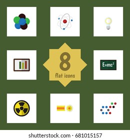 Flat Icon Science Set Of Diagram, Irradiation, Proton And Other Vector Objects. Also Includes Formula, Chemical, Theory Elements.