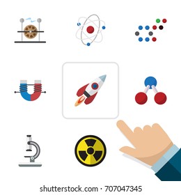 Flat Icon Science Set Of Glass, Electrical Engine, Orbit And Other Vector Objects. Also Includes Chemical, Nuclear, Molecule Elements.