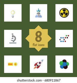 Flat Icon Science Set Of Irradiation, Chemical, Lightbulb And Other Vector Objects. Also Includes Molecule, Gas, Microscope Elements.