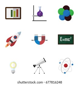 Flat Icon Science Set Of Theory Of Relativity, Lightbulb, Spaceship And Other Vector Objects. Also Includes Magnet, Light, Spaceship Elements.