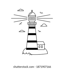 Flat icon of sea lighthouse on island with clouds and waves isolated on white background. Vector outline illustration