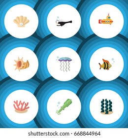 Flat Icon Sea Set Of Alga, Periscope, Algae And Other Vector Objects. Also Includes Algae, Seashell, Conch Elements.