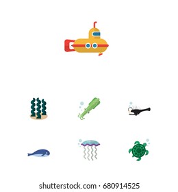 Flat Icon Sea Set Of Alga, Periscope, Cachalot And Other Vector Objects. Also Includes Submarine, Squid, Tentacle Elements.