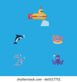 Flat Icon Sea Set Of Algae, Periscope, Playful Fish And Other Vector Objects. Also Includes Seafood, Coral, Octopus Elements.