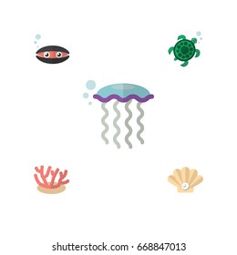 Flat Icon Sea Set Of Algae, Scallop, Conch And Other Vector Objects. Also Includes Pearl, Underwater, Turtle Elements.
