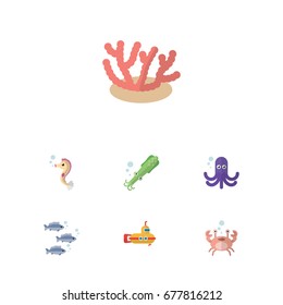 Flat Icon Sea Set Of Algae, Tentacle, Cancer And Other Vector Objects. Also Includes Hippocampus, Sea, Submarine Elements.