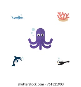 Flat Icon Sea Set Of Algae, Fish, Playful Fish And Other Vector Objects. Also Includes Angler, Gray, Tentacle Elements.