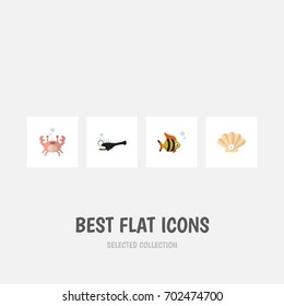 Flat Icon Sea Set Of Conch, Fish, Cancer And Other Vector Objects. Also Includes Melanocetus, Fish, Lobster Elements.