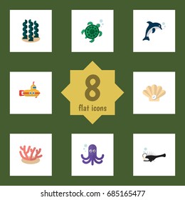 Flat Icon Sea Set Of Fish, Conch, Algae And Other Vector Objects. Also Includes Playful, Sea, Turtle Elements.