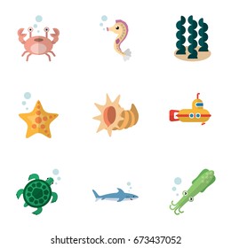 Flat Icon Sea Set Of Periscope, Hippocampus, Cancer And Other Vector Objects. Also Includes Alga, Horse, Scallop Elements.