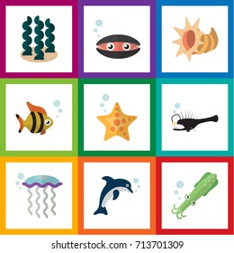 Flat Icon Sea Set Of Scallop, Seafood, Fish And Other Vector Objects. Also Includes Cockleshell, Starfish, Spirulina Elements.