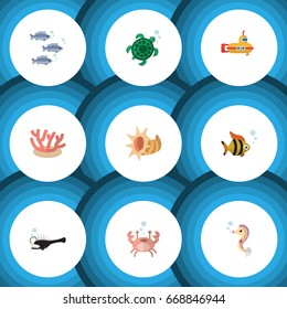 Flat Icon Sea Set Of Seafood, Algae, Fish And Other Vector Objects. Also Includes Scallop, Angler, Fish Elements.