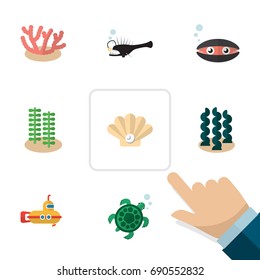 Flat Icon Sea Set Of Seaweed, Alga, Tortoise And Other Vector Objects. Also Includes Alga, Melanocetus, Fish Elements.