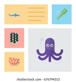 Flat Icon Sea Set Of Shark, Tentacle, Alga And Other Vector Objects. Also Includes Squid, Shark, Alga Elements.