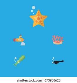 Flat Icon Sea Set Of Sea Star, Algae, Periscope And Other Vector Objects. Also Includes Seaweed, Sea, Octopus Elements.