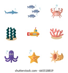 Flat Icon Sea Set Of Tentacle, Sea Star, Periscope And Other Vector Objects. Also Includes Squid, Fish, Shark Elements.