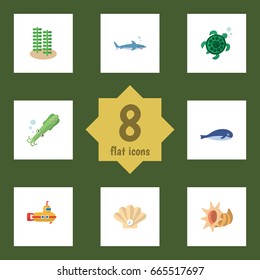 Flat Icon Sea Set Of Tortoise, Conch, Octopus And Other Vector Objects. Also Includes Gray, Fish, Shark Elements.