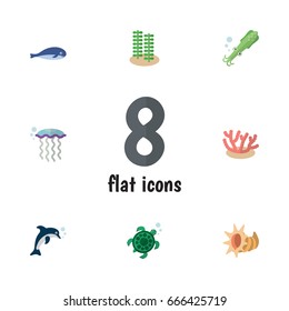 Flat Icon Sea Set Of Tortoise, Playful Fish, Seashell And Other Vector Objects. Also Includes Fish, Jellyfish, Octopus Elements.