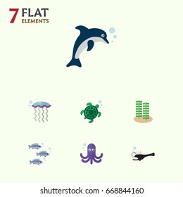 Flat Icon Sea Set Of Tortoise, Playful Fish, Fish And Other Vector Objects. Also Includes Tuna, Tentacle, Underwater Elements.