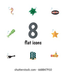Flat Icon Sea Set Of Tortoise, Octopus, Periscope And Other Vector Objects. Also Includes Periscope, Tortoise, Alga Elements.