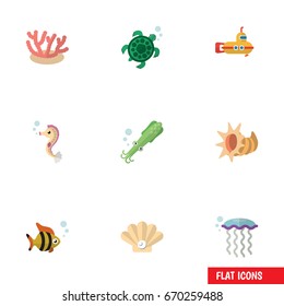 Flat Icon Sea Set Of Tortoise, Seashell, Seafood And Other Vector Objects. Also Includes Submarine, Fish, Periscope Elements.
