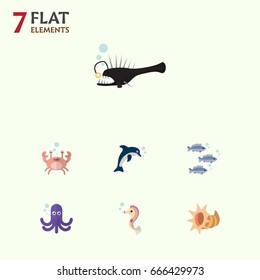 Flat Icon Sea Set Of Tuna, Tentacle, Cancer And Other Vector Objects. Also Includes Squid, Crab, Scallop Elements.