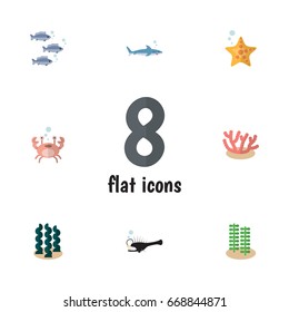 Flat Icon Sea Set Of Tuna, Seaweed, Crab And Other Vector Objects. Also Includes Fish, Angler Elements.