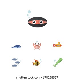 Flat Icon Sea Set Of Tuna, Cachalot, Seafood And Other Vector Objects. Also Includes Octopus, Tuna, Fish Elements.